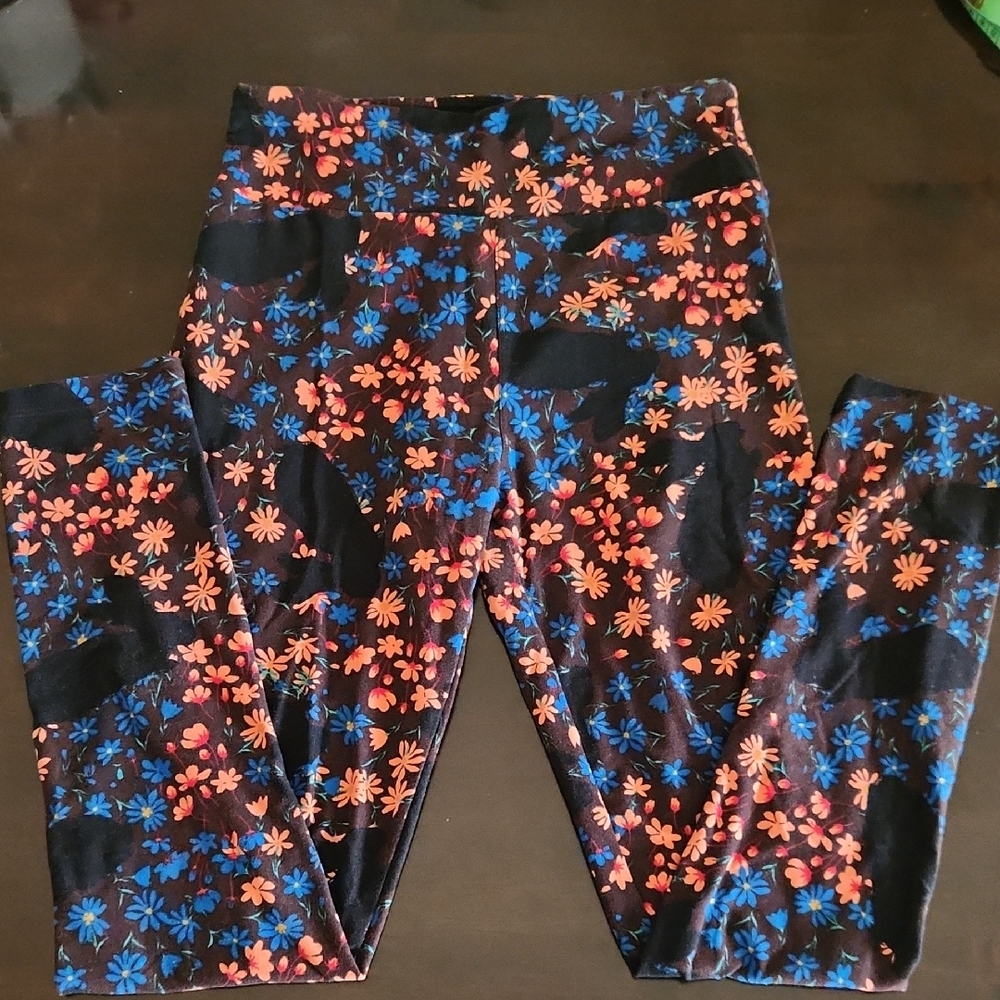 LuLaRoe Women's Leggings with Blue and Orange Floral Pattern